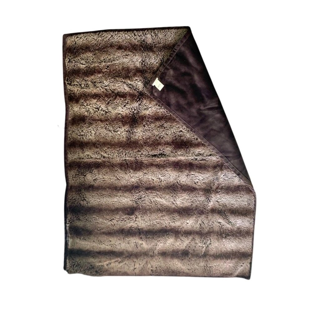 Pottery Barn Faux Fur Throw Blanket Brown Striped 48x60 Soft Plush Cozy Decor